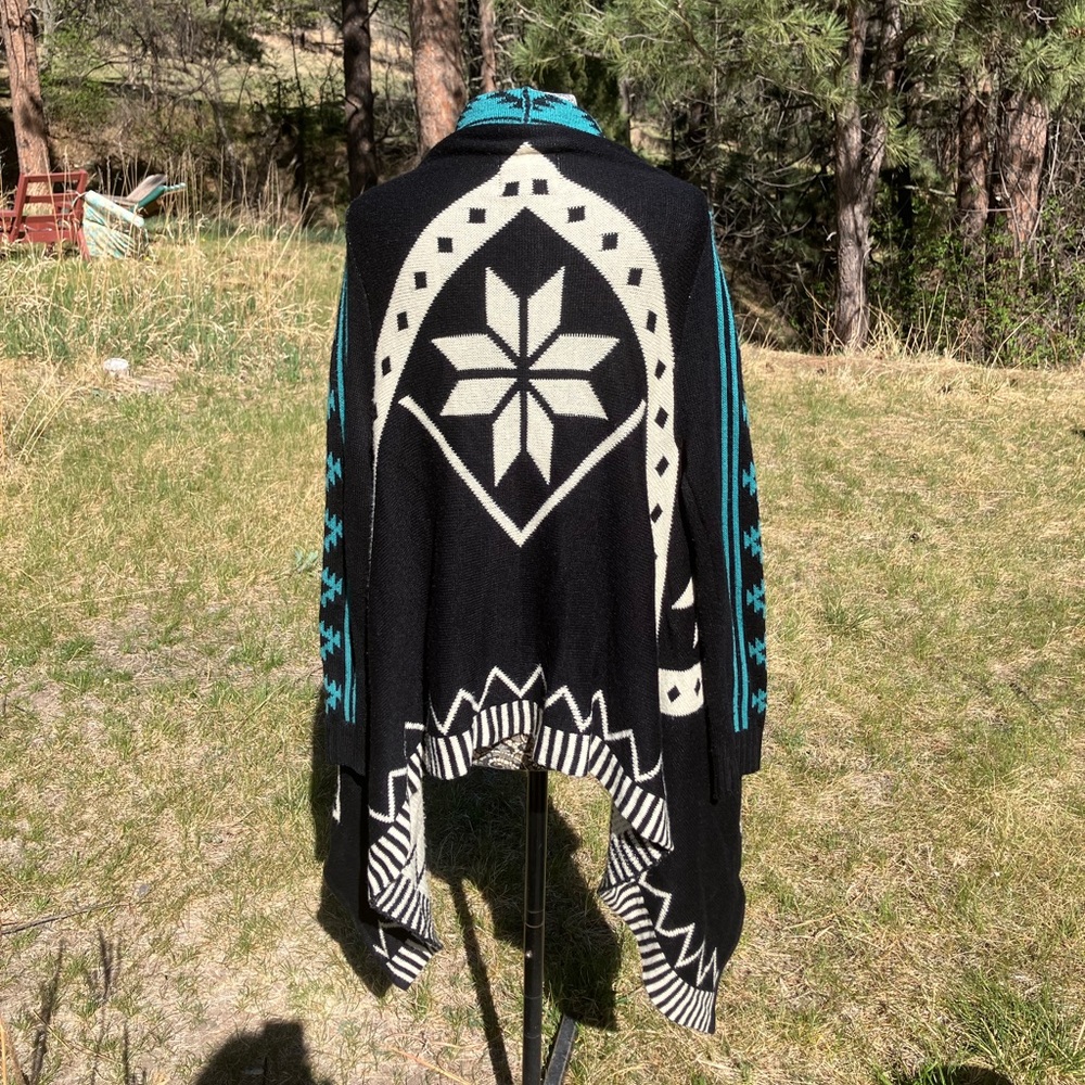 Black & Turquoise Open Front Cardigan. Size M